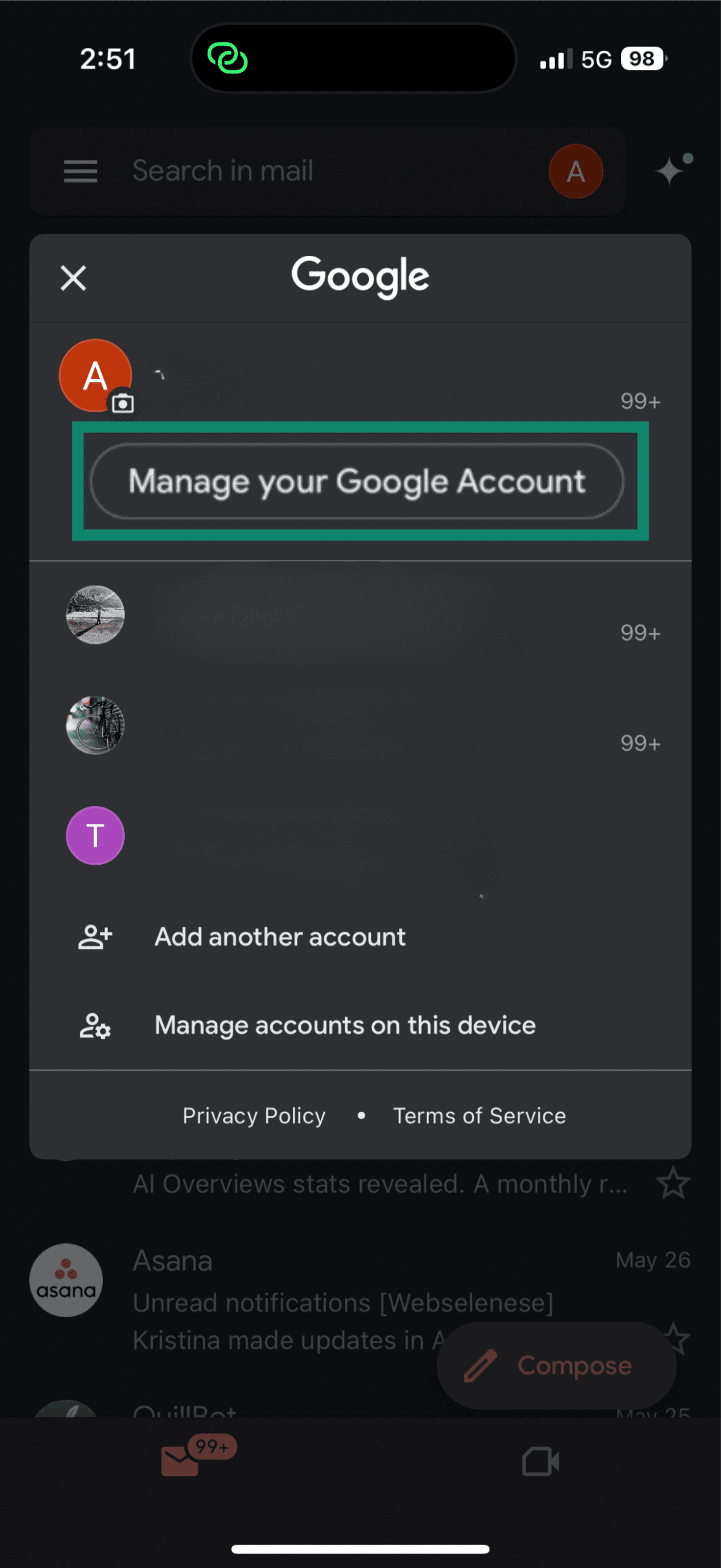 Gmail app on iPhone with Manage your Google Account option highlighted.