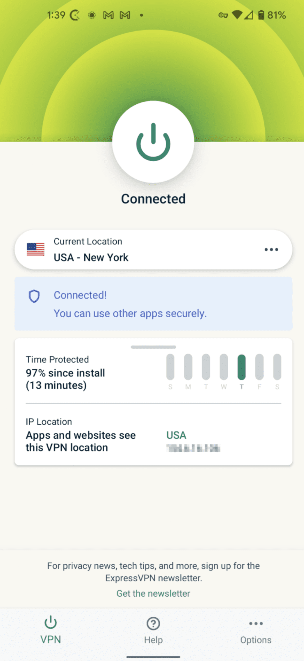 ExpressVPN connected to New York server