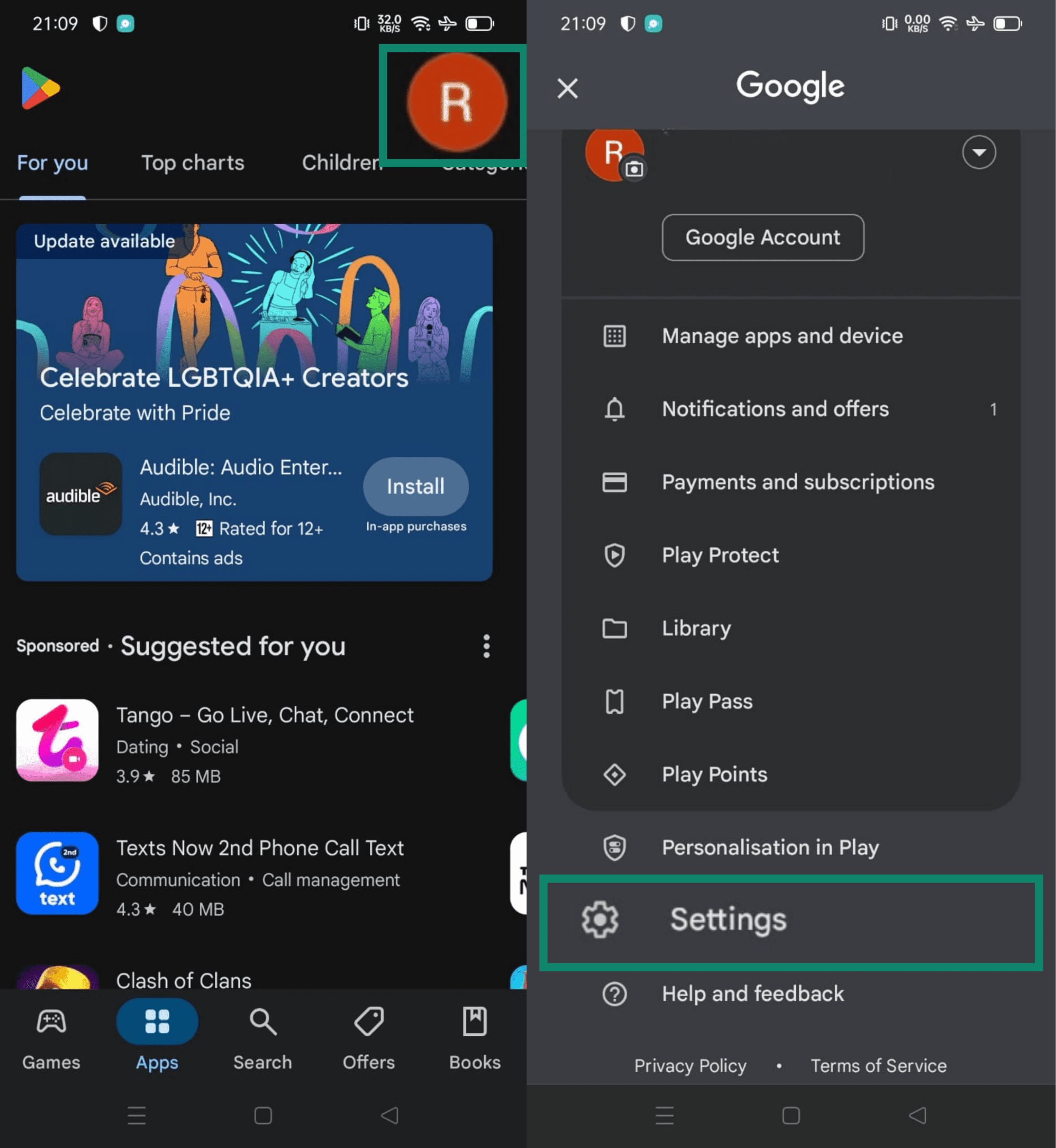 Google Play Store home screen (left) and the Google account menu with Settings highlighted (right)