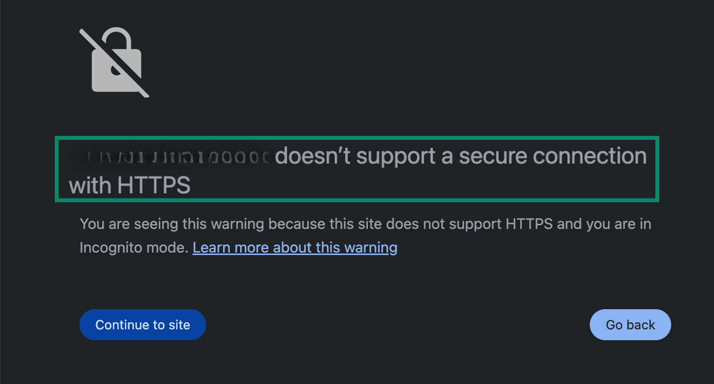 A browser error warning that HTTPS is not enabled due to missing SSL certificates.