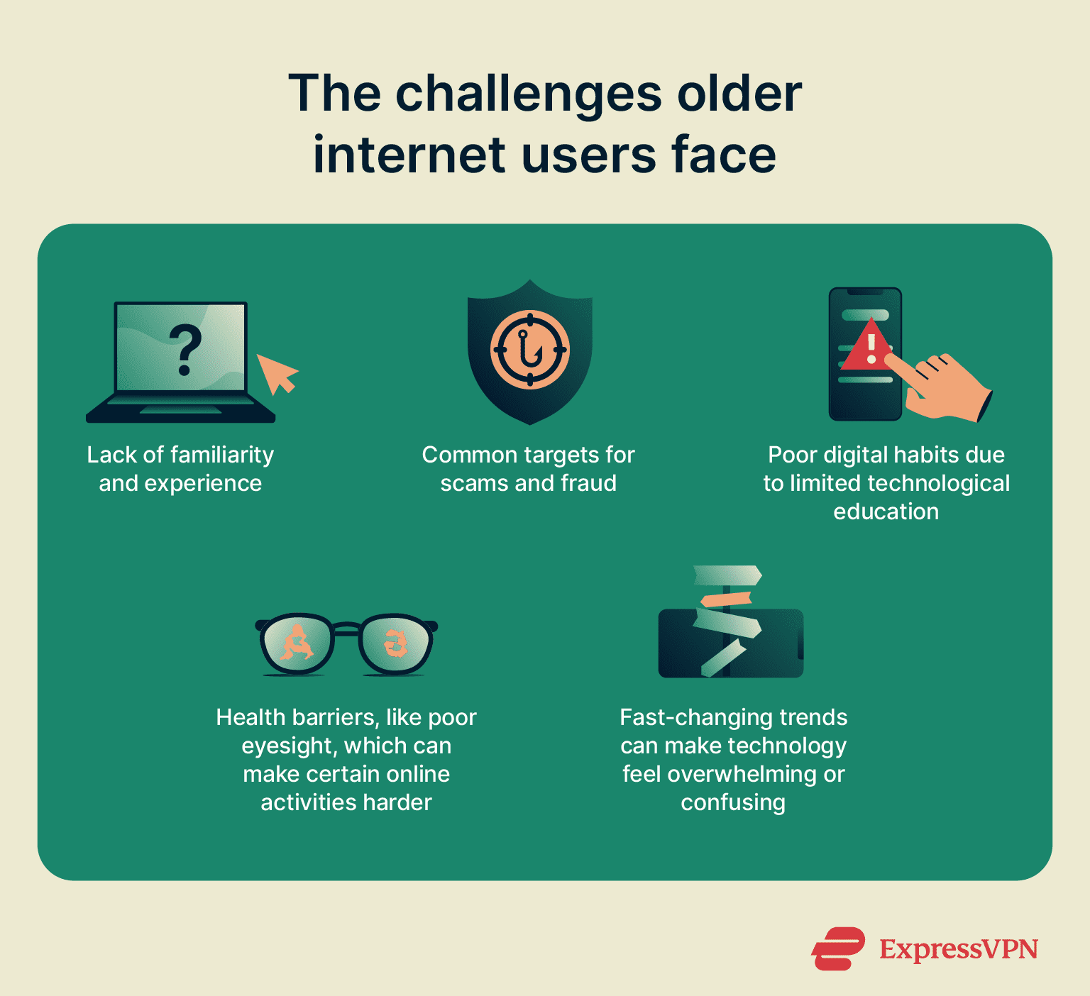 A list of some of the challenges that older people face when using the internet.