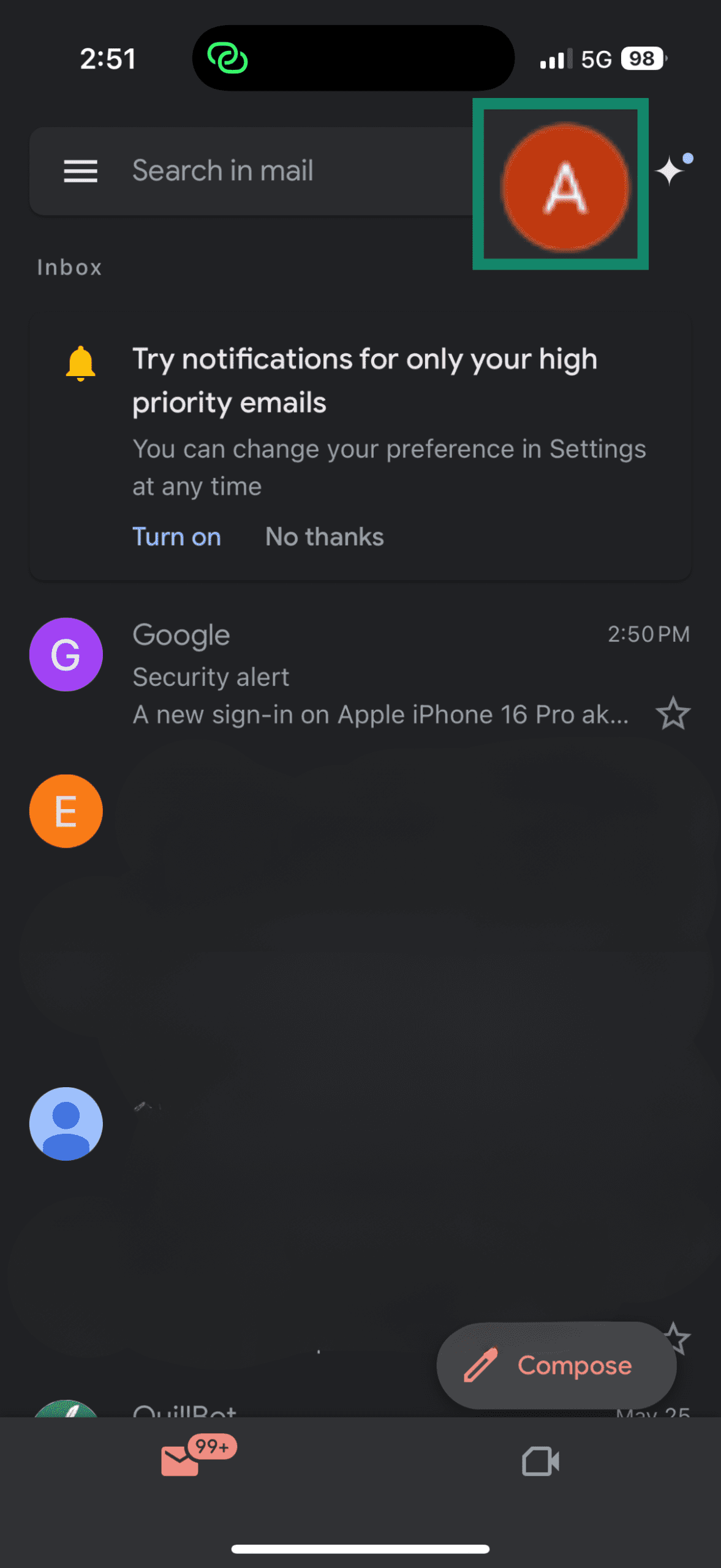 Gmail app interface on iPhone showing user profile icon in the top right corner.