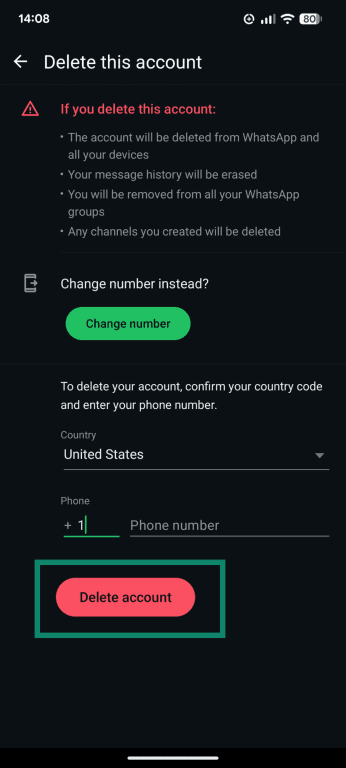 The Delete account page of the WhatsApp settings.