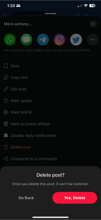 Reddit mobile post deletion confirmation screen.