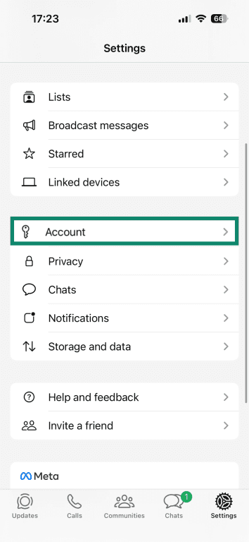 The WhatsApp app for iPhone, showing the Account option in the Settings menu.