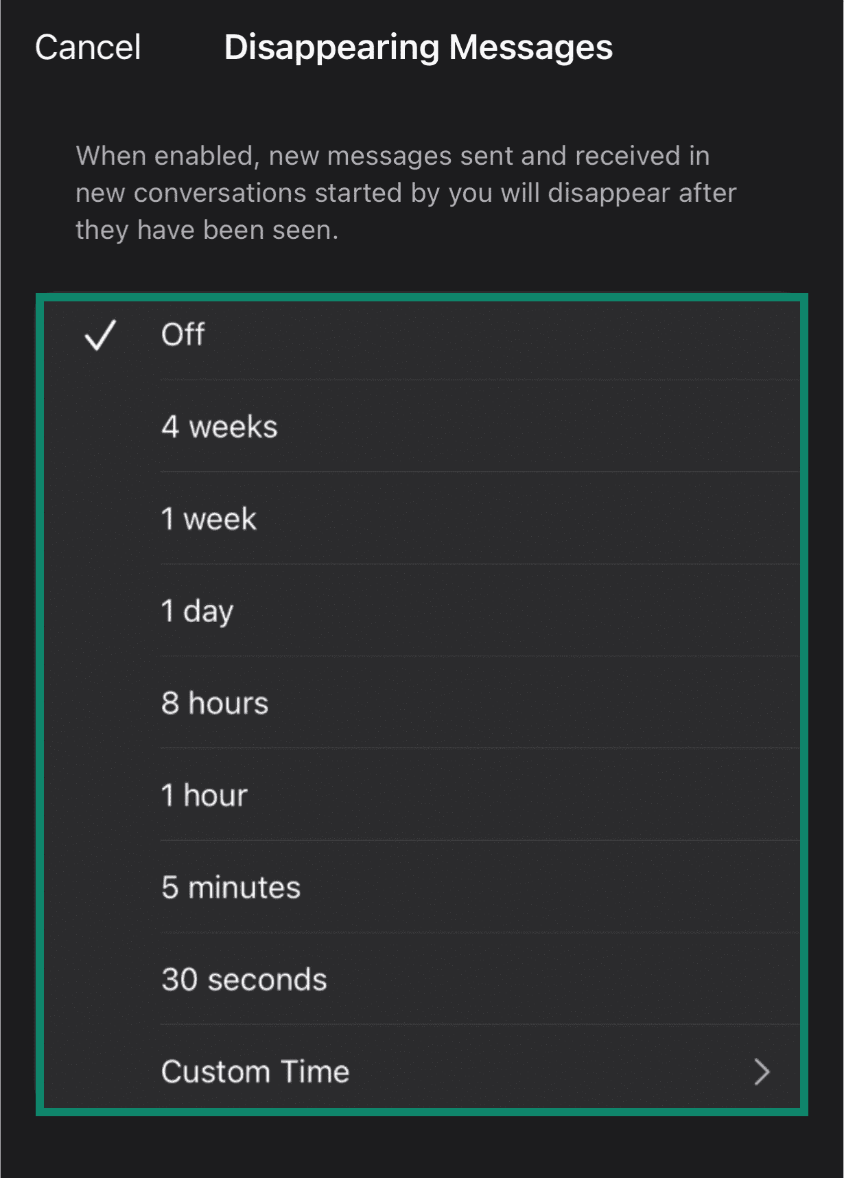 Signal disappearing messages screen with a range of durations to choose from.