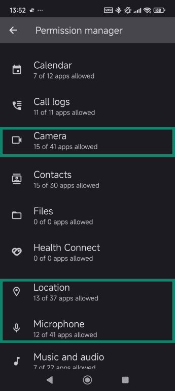 Permission manager home menu with highlighted Camera, Location, and Microphone options.