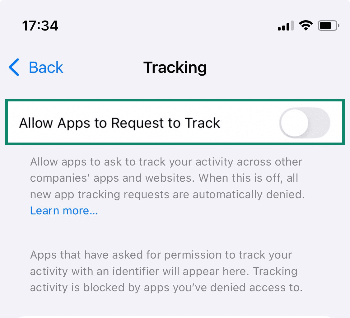 The Tracking page in the iPhone settings, showing the Allow Apps to Request to Track option toggled off.