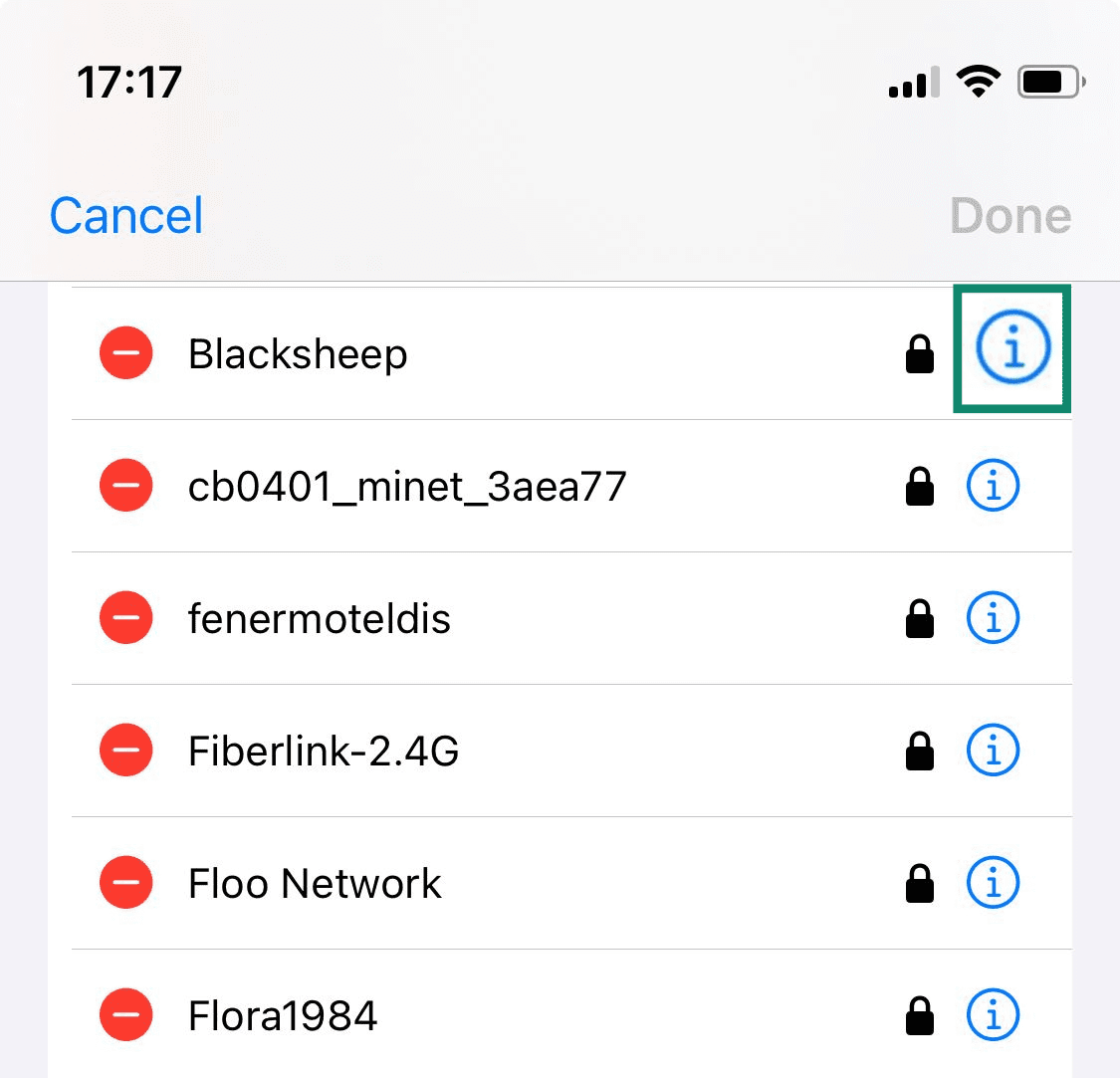 The list of available Wi-Fi networks on an iPhone.