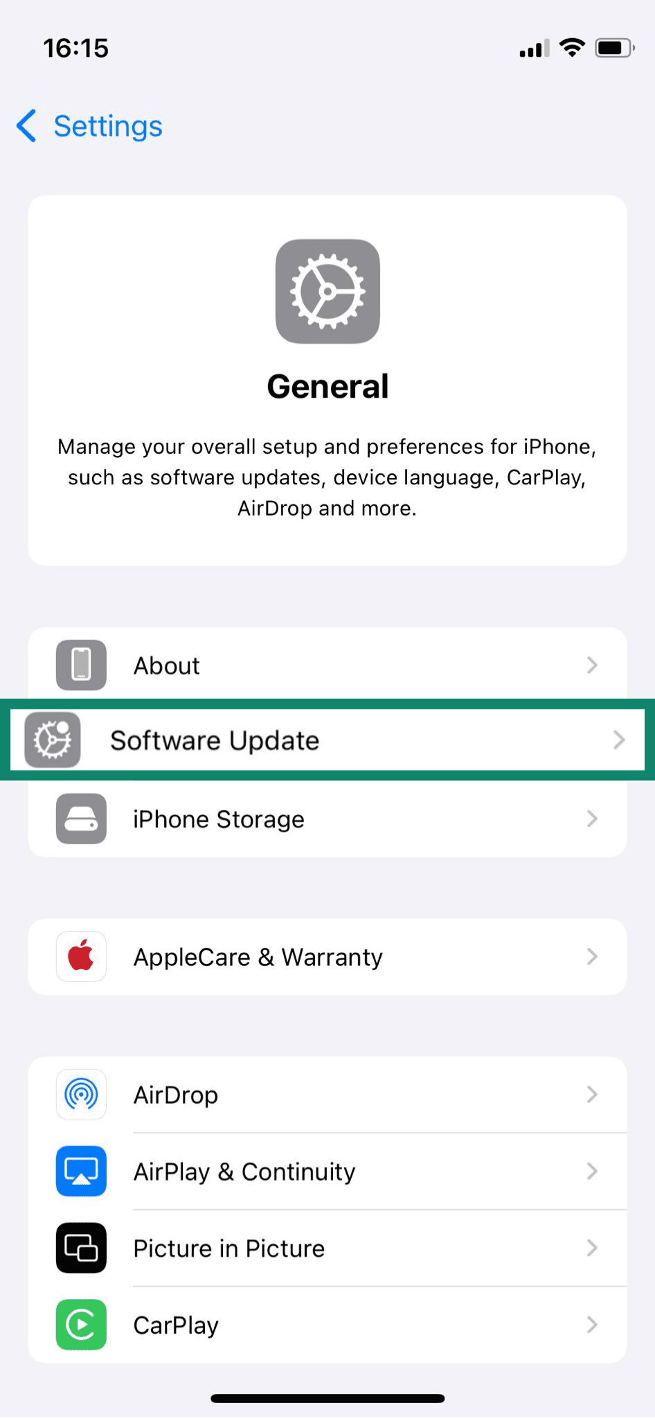 iPhone General settings showing how to access software update options.