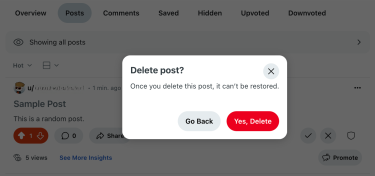 Reddit post deletion confirmation screen.