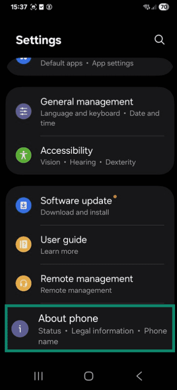 An Android's settings menu with About phone highlighted.