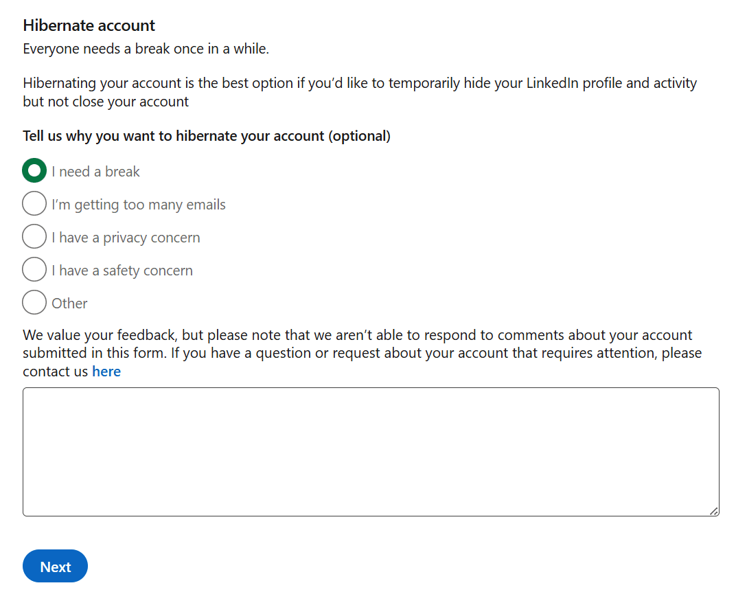 A screenshot of the LinkedIn page that asks for the reason for hibernating an account, showing several options with