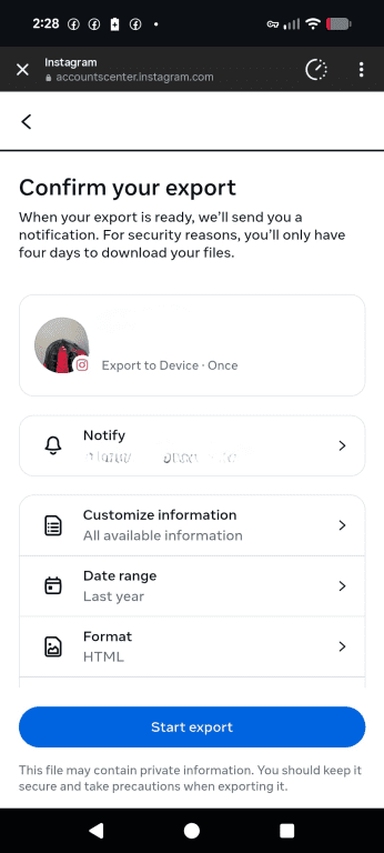 Starting Threads data export in Instagram.
