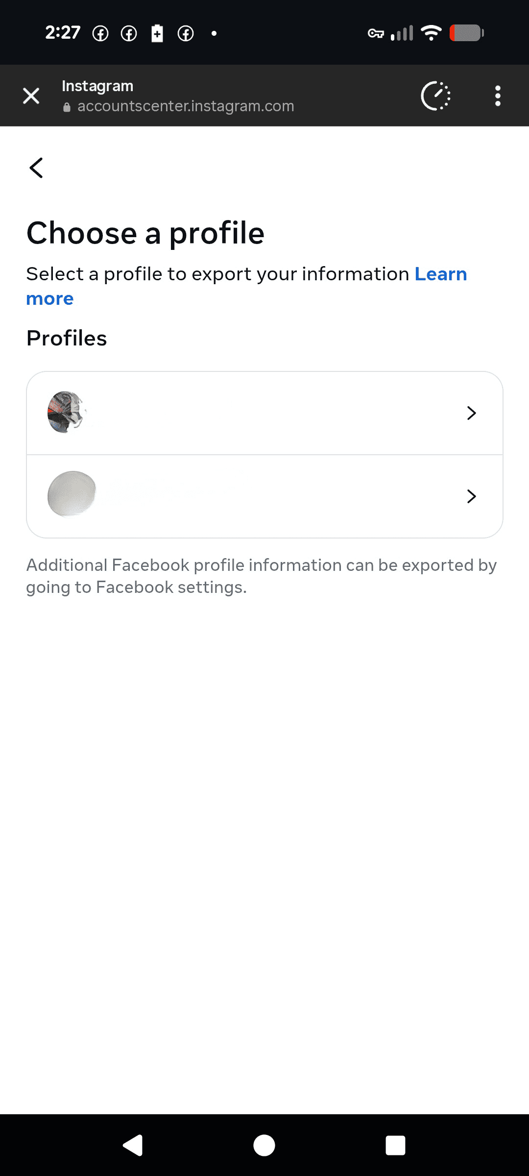 Choose profile to export in Instagram app.