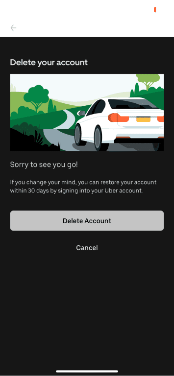 Final Uber account deletion screen on the mobile app.