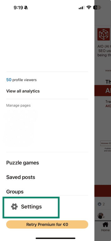 The LinkedIn mobile app with the Settings option highlighted.