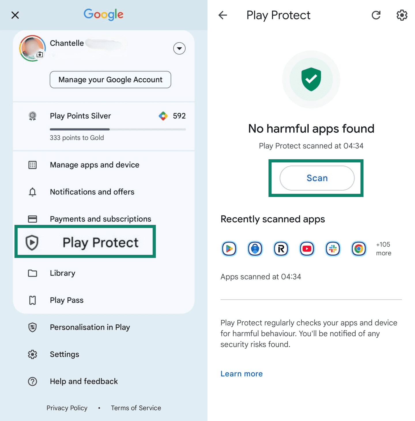 Side-by-side screenshots of the Google Play Store on Android, showing how to find the ‘Play Protect’ feature and run a security scan for apps.
