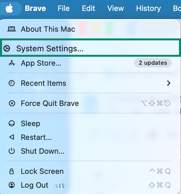 MacOS menu highlighting the "System Settings..." option.