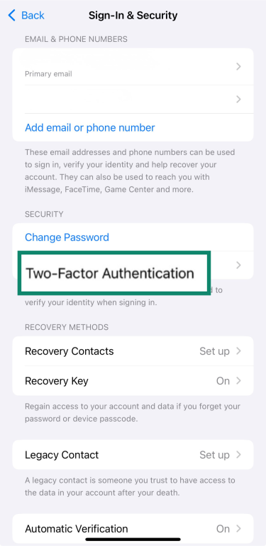 Apple ID Sign-In & Security settings highlighting Two-Factor Authentication option.