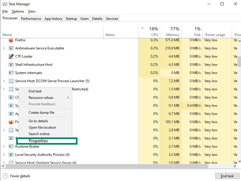 Windows Task Manager right-click menu with the Properties button highlighted.