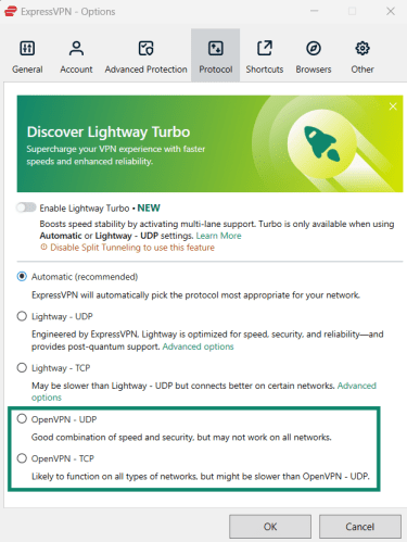 Sélection d’un des protocoles OpenVPN disponibles dans l’application ExpressVPN.