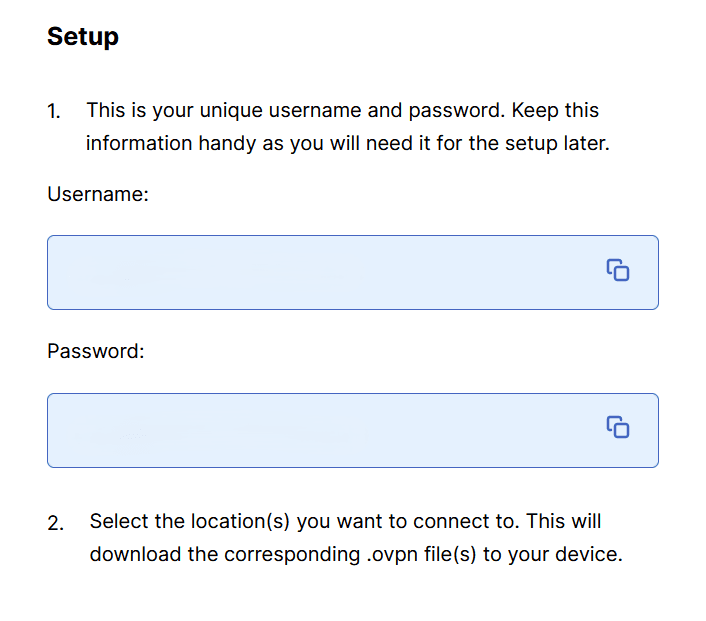 Viewing manual configuration login credentials in ExpressVPN web portal.