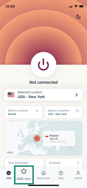 ExpressVPN home page with Add-ons icon highlighted.
