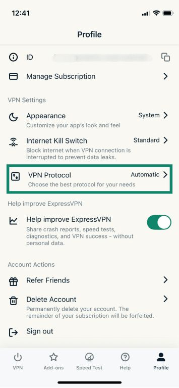 ExpressVPN Profile settings screen with VPN Protocol highlighted.