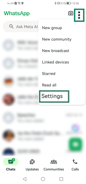 Screenshot showing how to access WhatsApp settings menu.