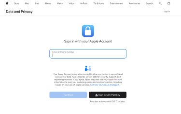 Login screen on Apple's Data and Privacy page.
