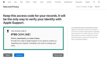 The access code generated by Apple during the Apple ID deletion process. The access code window is highlighted.