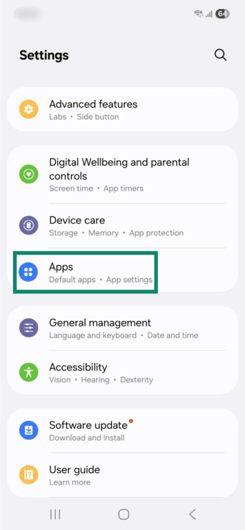 The "Settings" app on Android. The "Apps" option is enlarged and highlighted.