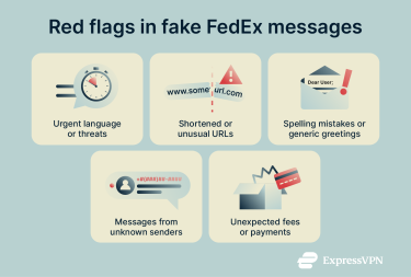 Infographic showing key warning signs in fake FedEx messages.