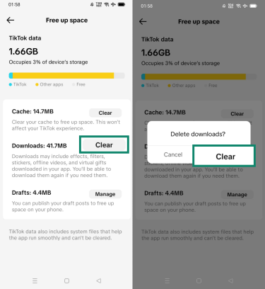 TikTok Free up space screen showing Downloads Clear option and confirmation pop-up with Clear highlighted.