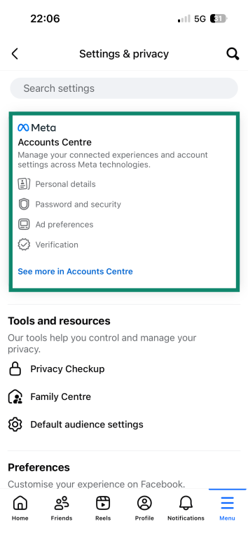The "Settings & privacy" menu on the iOS Facebook app. The "Accounts Center" window is highlighted.