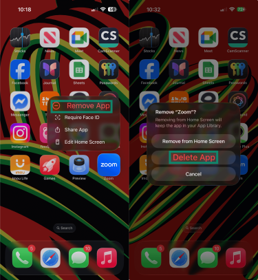 iPhone's homescreen showing list of installed apps, including Zoom, and how to uninstall an app