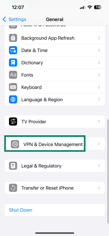 Screenshot of the VPN & Device Management button in the General Settings menu of iPhone