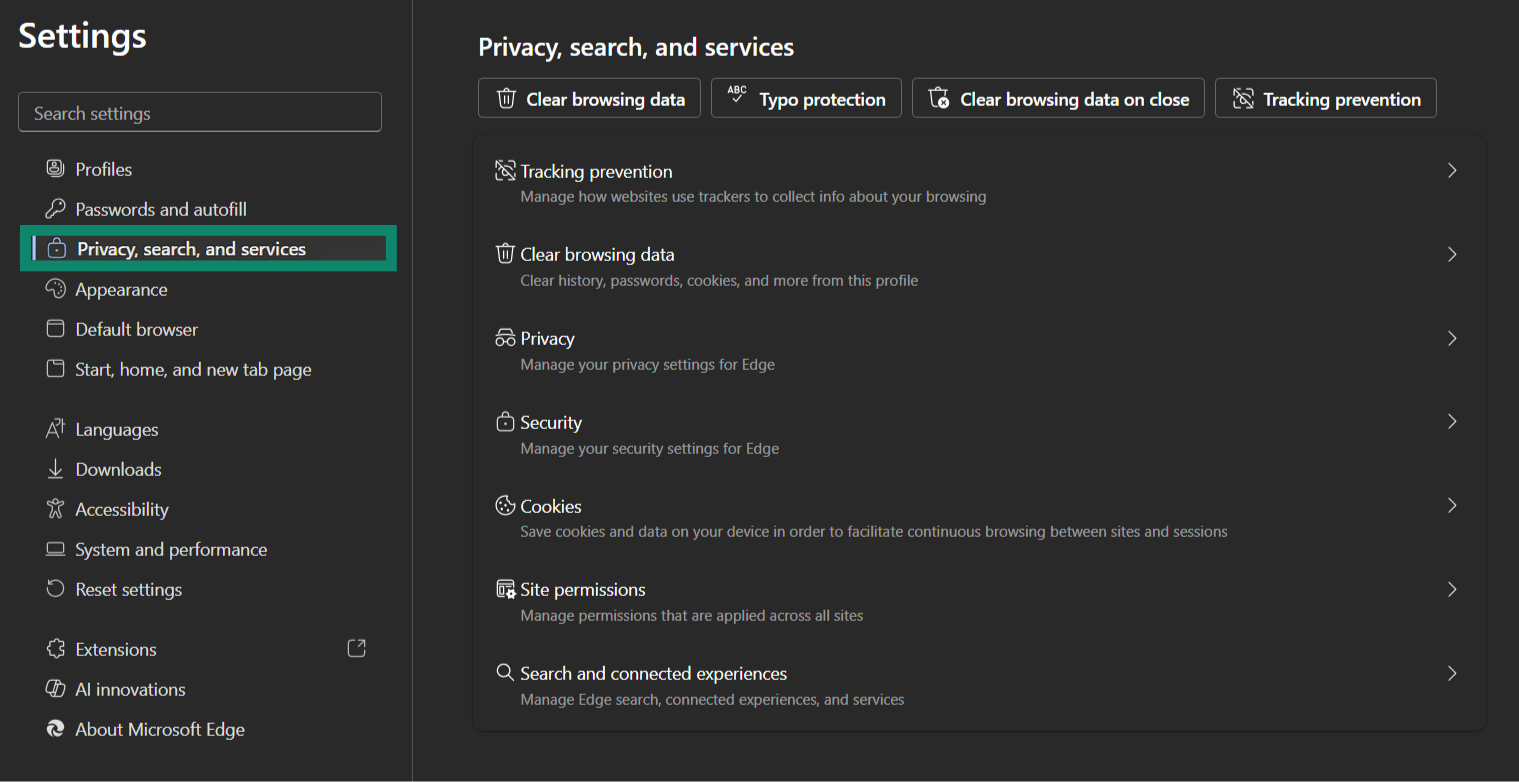 Go back to Privacy, search, and services