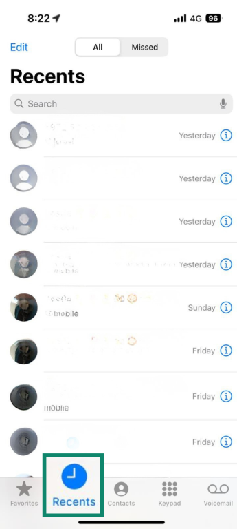 iPhone screen showing 'Recents' option in the Phone app.
