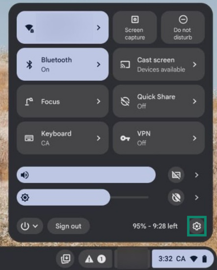 The settings gear in the quick menu on Chromebook highlighted.