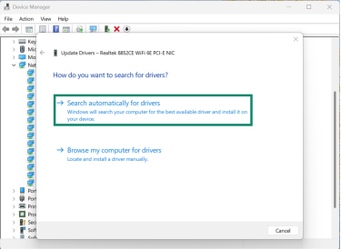 The Update Drivers window, showing two options: "Search automatically for drivers" which is highlighted, and "Browse my computer for drivers."