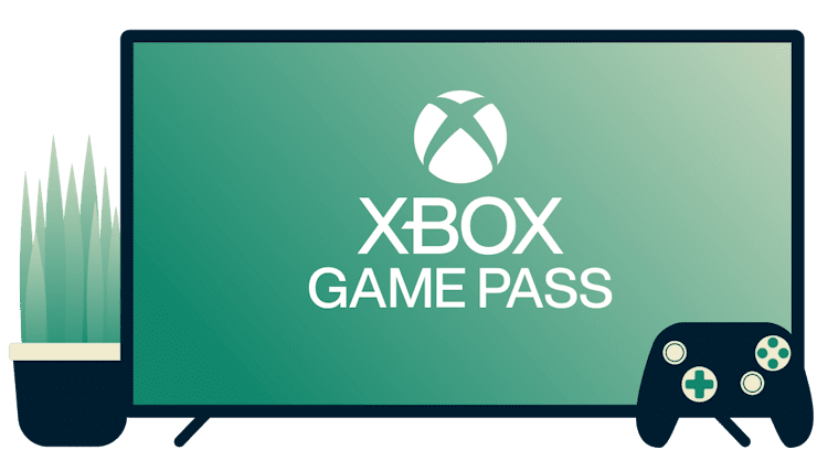 Ekran z logo Xbox Game Pass, kontrolerem i rośliną doniczkową