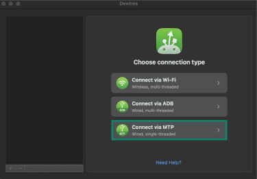 The MacDroid main screen on a Mac. The "Connect via MTP" option is highlighted.