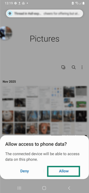 The camera gallery on an Android phone. There's a prompt asking for access to phone data, and the "Allow" button is highlighted.