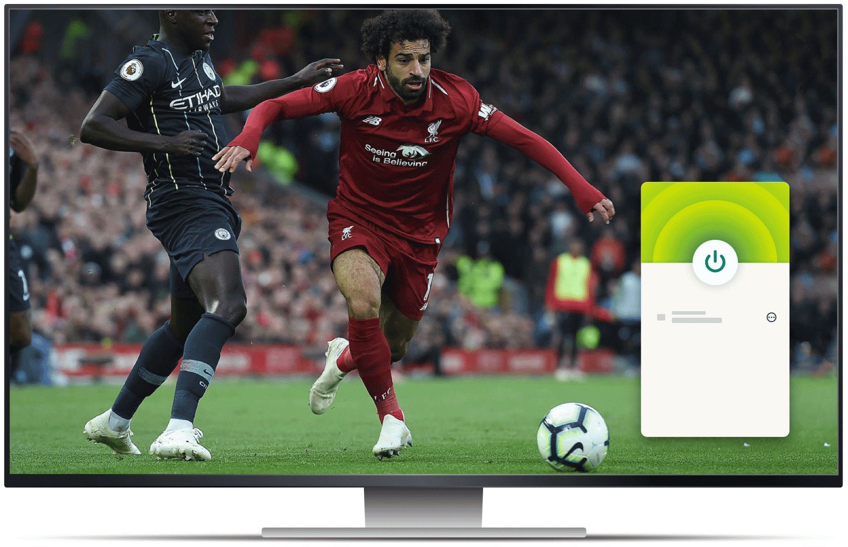 Datorskärm med beIN Sports fotbollsstream och VPN-app.
