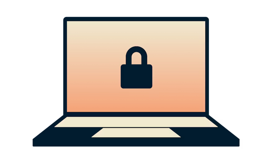 Laptop dengan gembok pada latar belakang oranye.