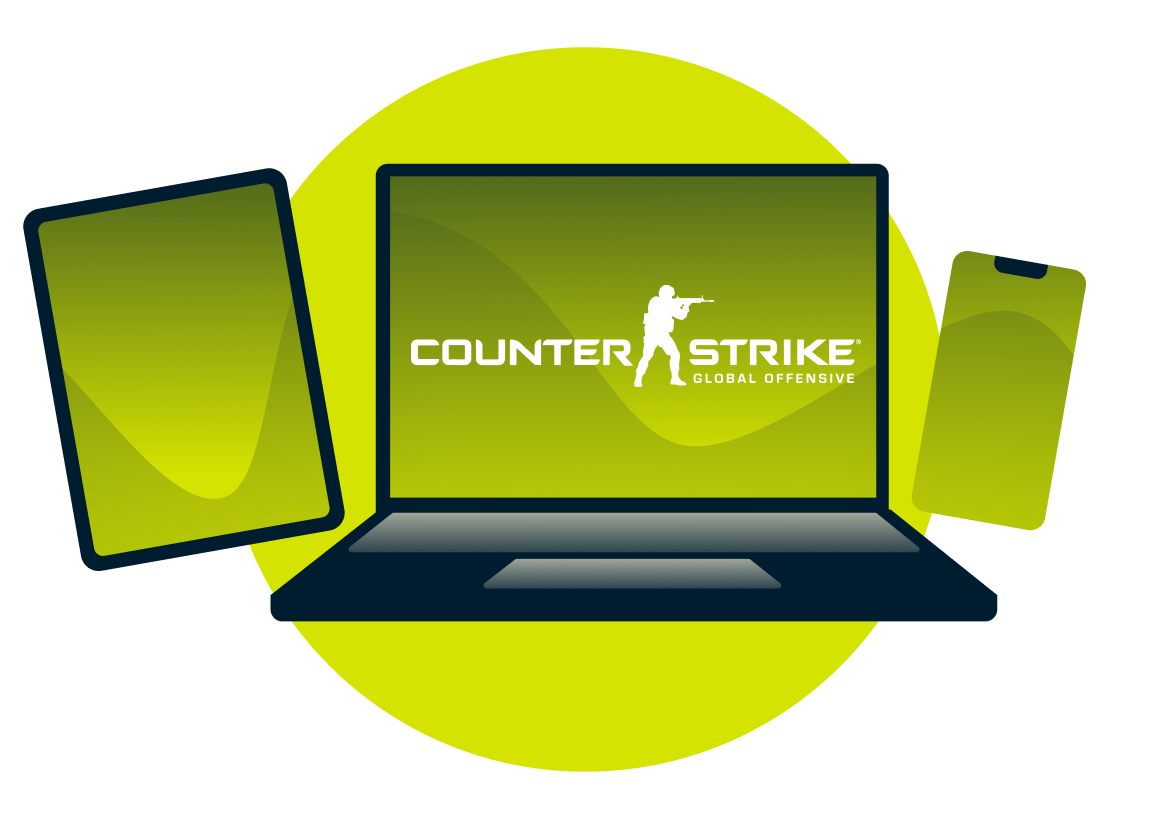 Counter-Strike: Global Offensive logosu ve çeşitli cihazlar.