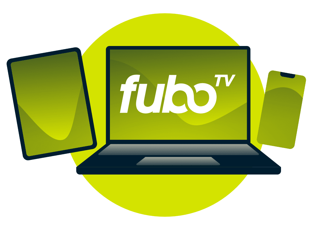 En bärbar dator, surfplatta och telefon med fuboTV-logotypen.