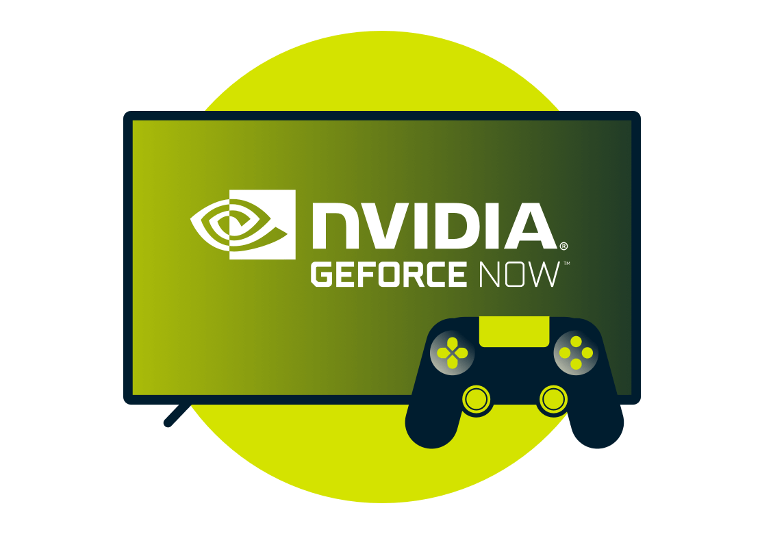 Nvidia GeForce Now-logo på en skjerm med en kontroll